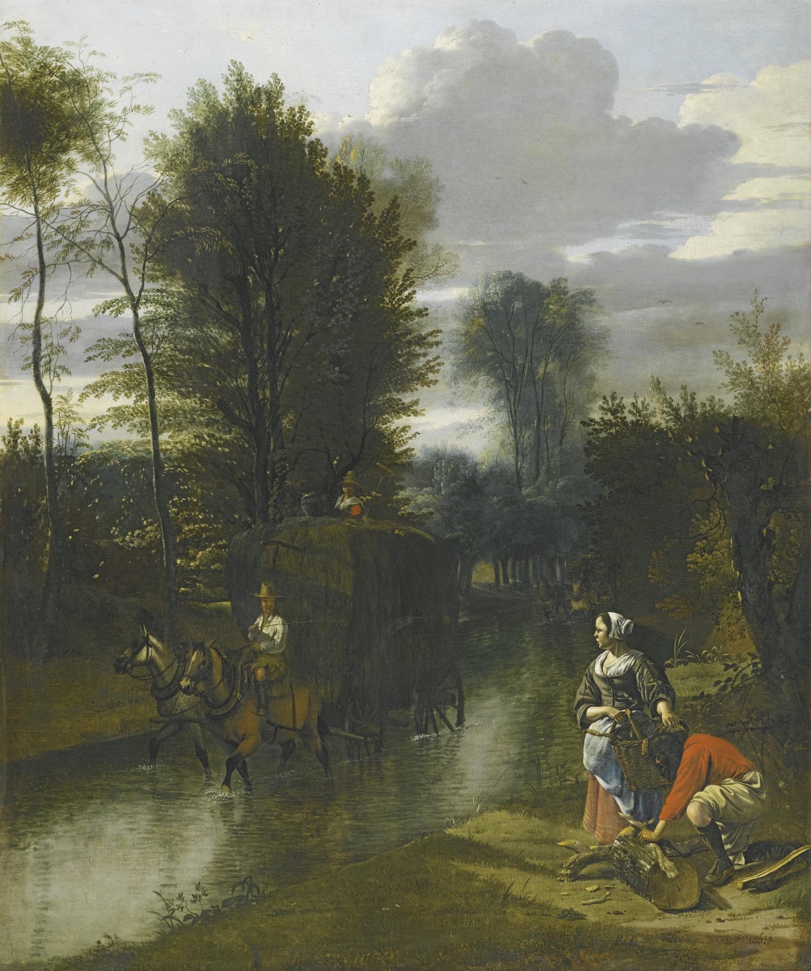 Jan Siberechts - A Landscape With A Haycart Crossing A Stream, Two Figures On The Banks To The Right