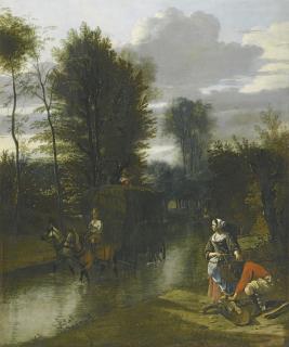 Jan Siberechts - A Landscape With A Haycart Crossing A Stream, Two Figures On The Banks To The Right