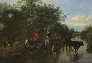 Jan Siberechts - A peasant girl and boy driving a vegetable cart on a flooded track, with other peasants on their way to market and a boy herding cattle