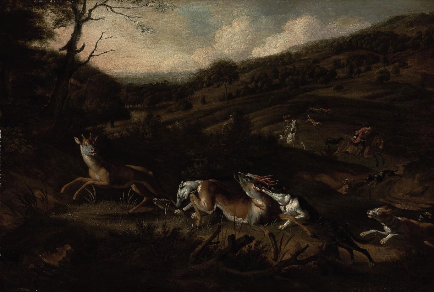 Jan Siberechts - A stag hunt with hounds bringing down a stag in the foreground, huntsmen beyond