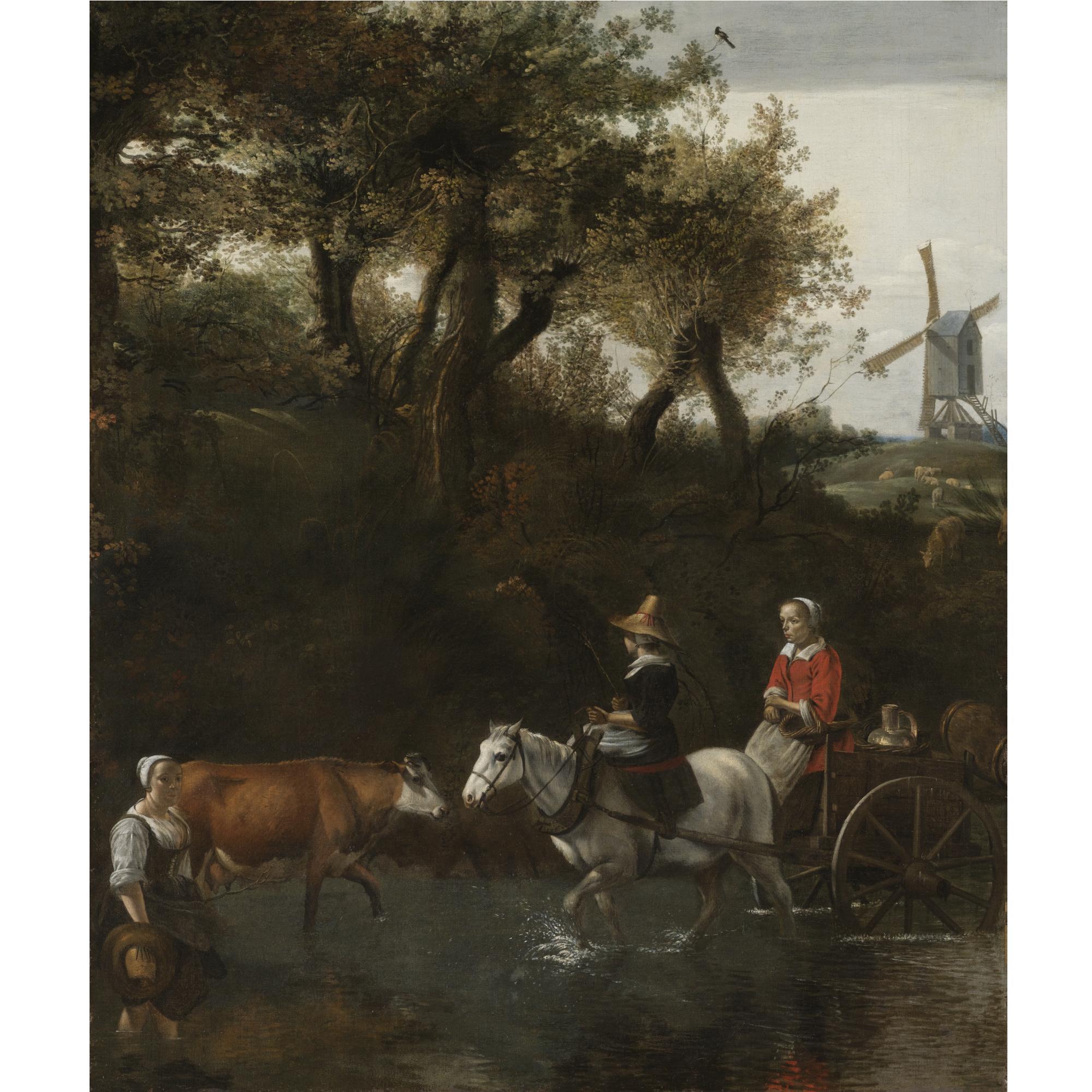 Jan Siberechts - A Wooded Landscape With Peasants Fording A River, A Windmill Beyond To The Right