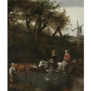 Jan Siberechts - A Wooded Landscape With Peasants Fording A River, A Windmill Beyond To The Right