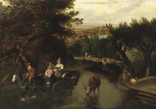 Jan Siberechts - A wooded landscape with peasants in a horse-drawn cart travelling down a flooded road
