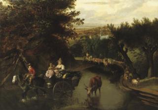 Jan Siberechts - A wooded landscape with peasants in a horse-drawn cart travelling down a flooded road