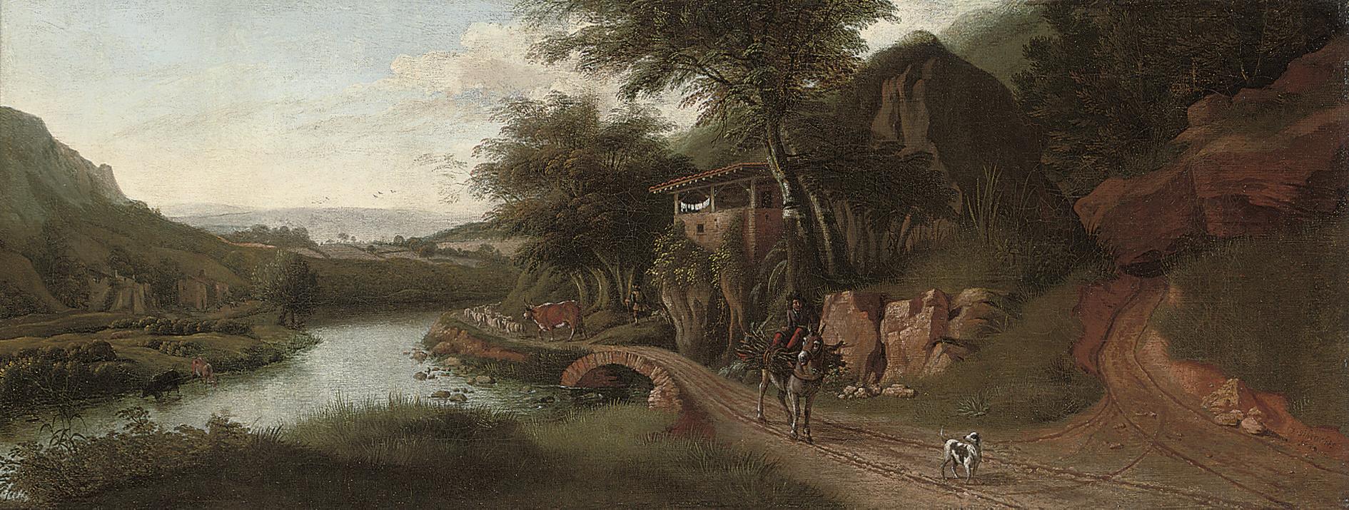 Jan Siberechts - A wooded river landscape with cattle watering, a drover on a donkey, and a dog on a track