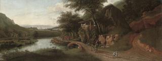 Jan Siberechts - A wooded river landscape with cattle watering, a drover on a donkey, and a dog on a track