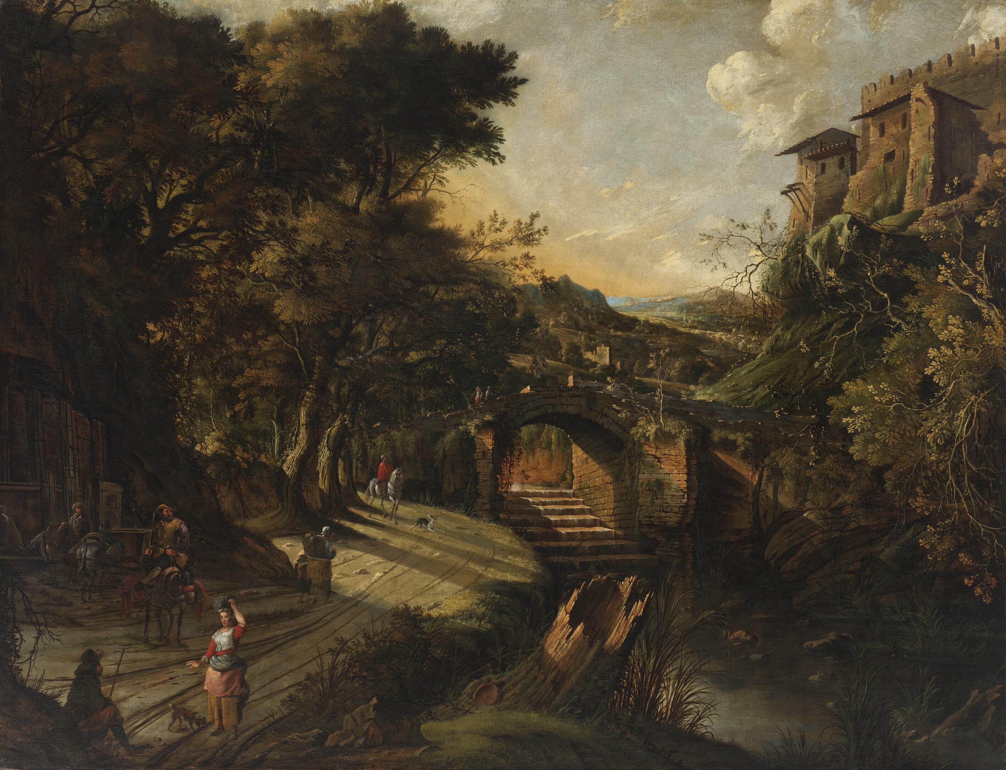 Jan Siberechts - An Italianate river landscape with figures along a path and buildings beyond