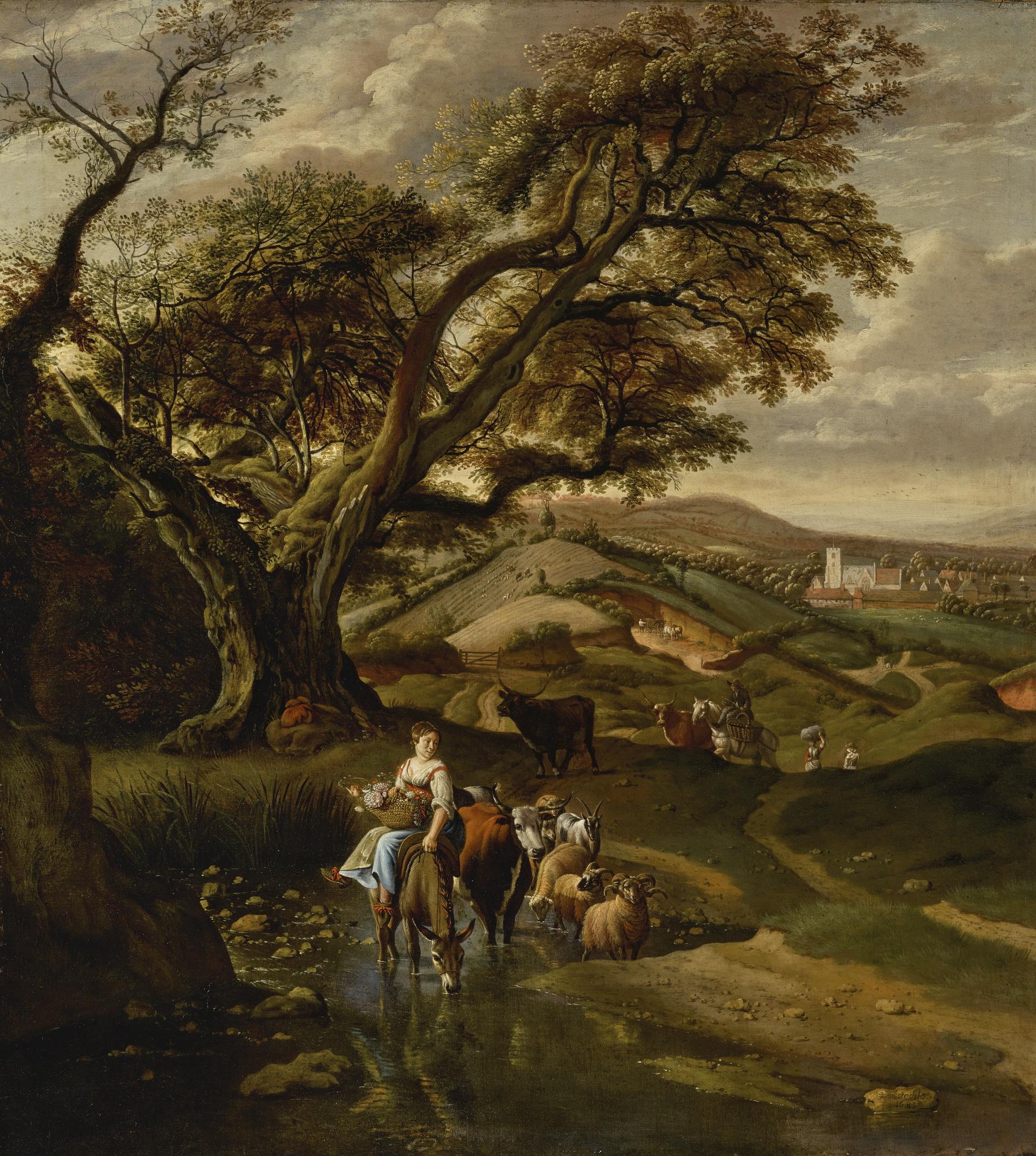 Jan Siberechts - Pastoral Landscape With A Shepherdess On A Donkey Carrying A Basket Of Flowers, And Fording A Stream With A Village In The Distance And With A Church, Almost Certainly Edensor, Near Chatsworth, Derbyshire