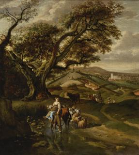 Jan Siberechts - Pastoral Landscape With A Shepherdess On A Donkey Carrying A Basket Of Flowers, And Fording A Stream With A Village In The Distance And With A Church, Almost Certainly Edensor, Near Chatsworth, Derbyshire
