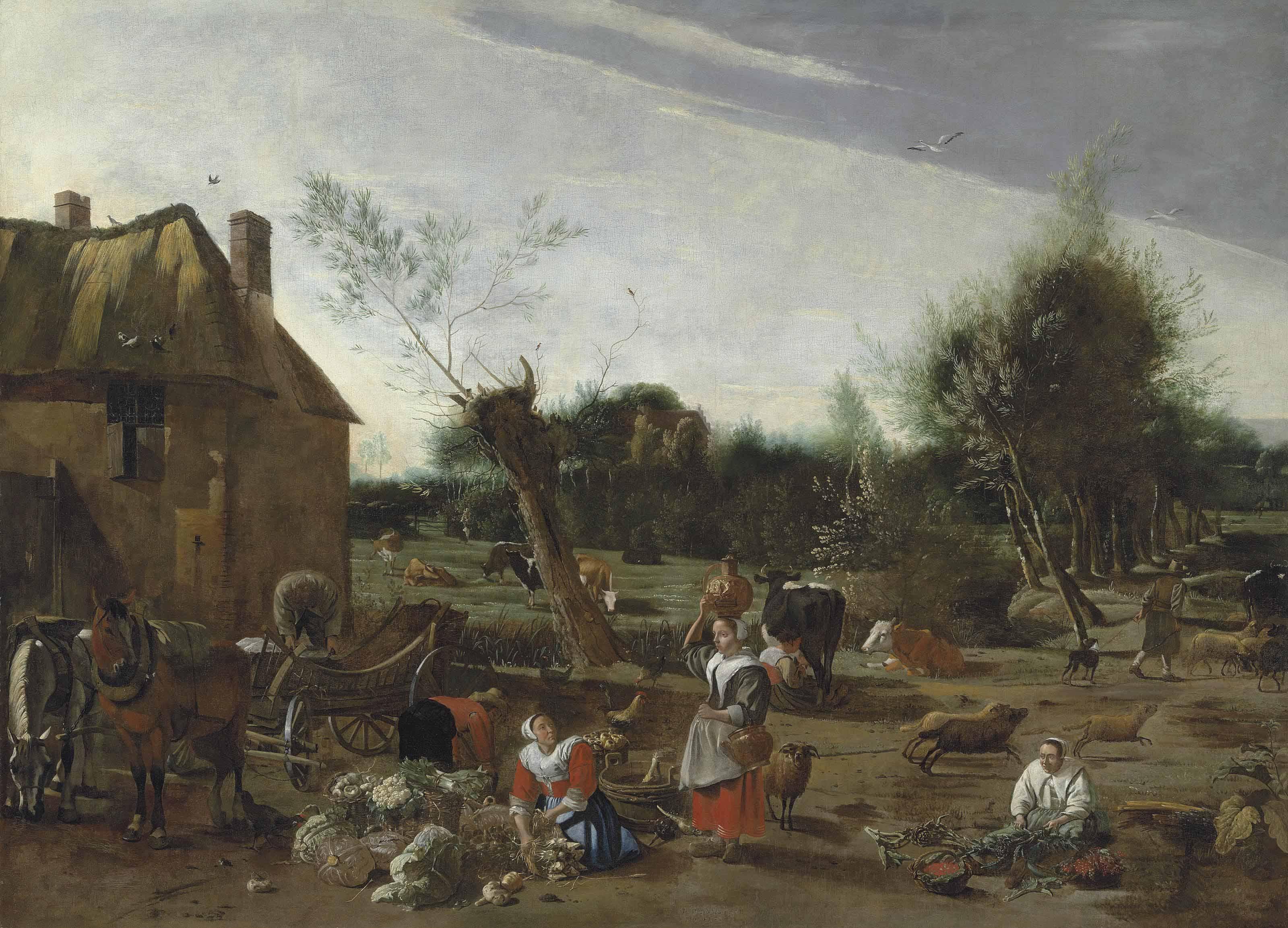 Jan Siberechts - Peasant women sorting vegetables and milking cattle by a horse and cart, a thatched house beyond