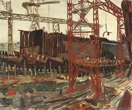 Jan Sluijters Jr. - M.S. Oranje In Aanbouw - A Ship Wharf
