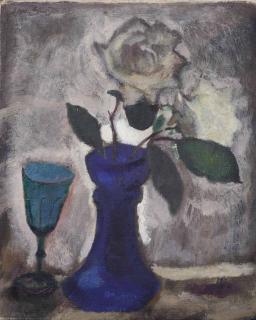 Jan Sluijters - A still life with roses in a blue vase and a turquoise glass