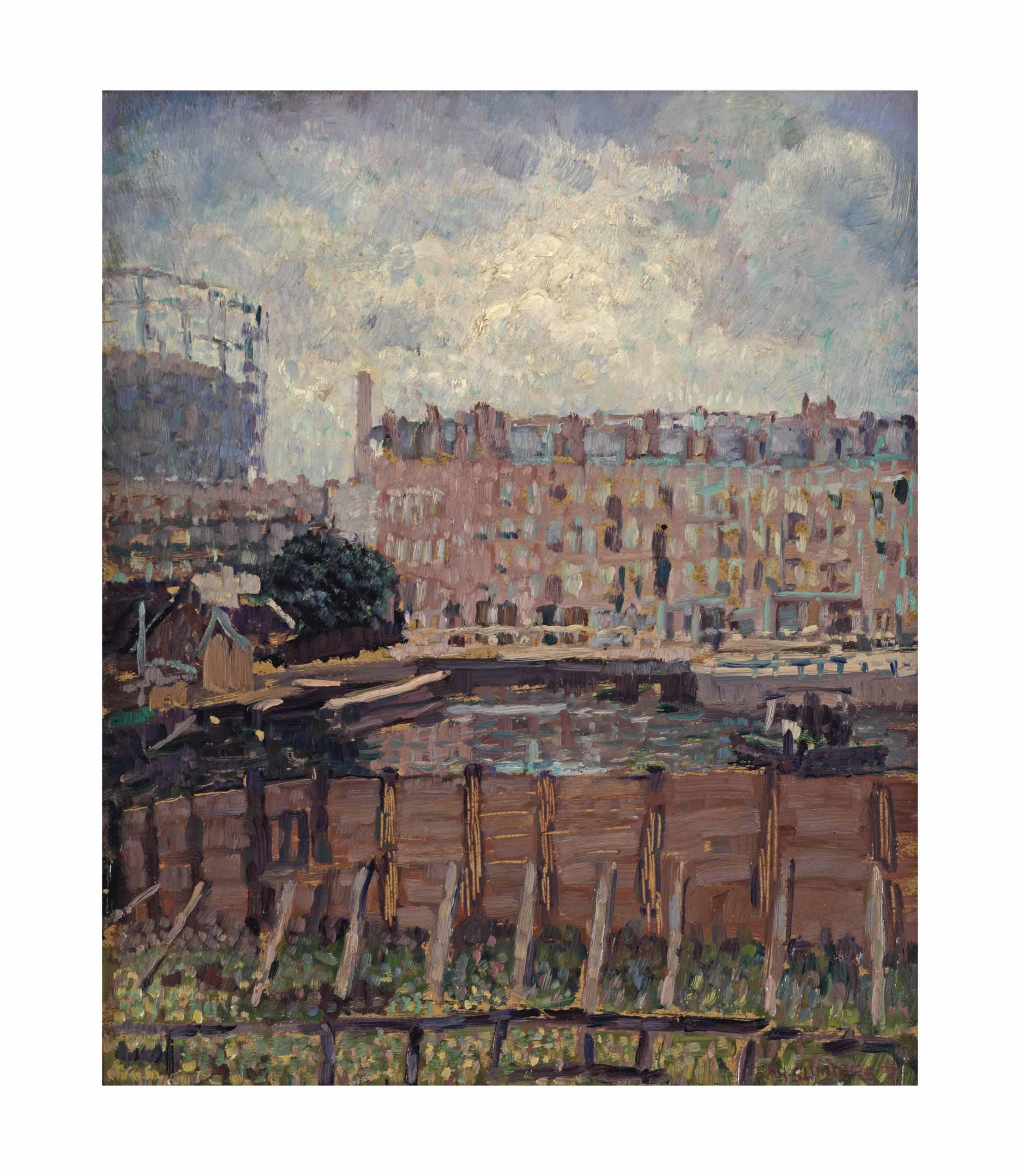 Jan Sluijters - The ferry at the Kostverlorenkade, the gassholder of the Westergasfabriek in the background, Amsterdam