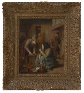 Jan Steen - A tavern interior with a woman smoking a pipe and a man cutting tobacco