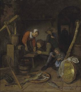 Jan Steen - An Interior With Figures Preparing Fish