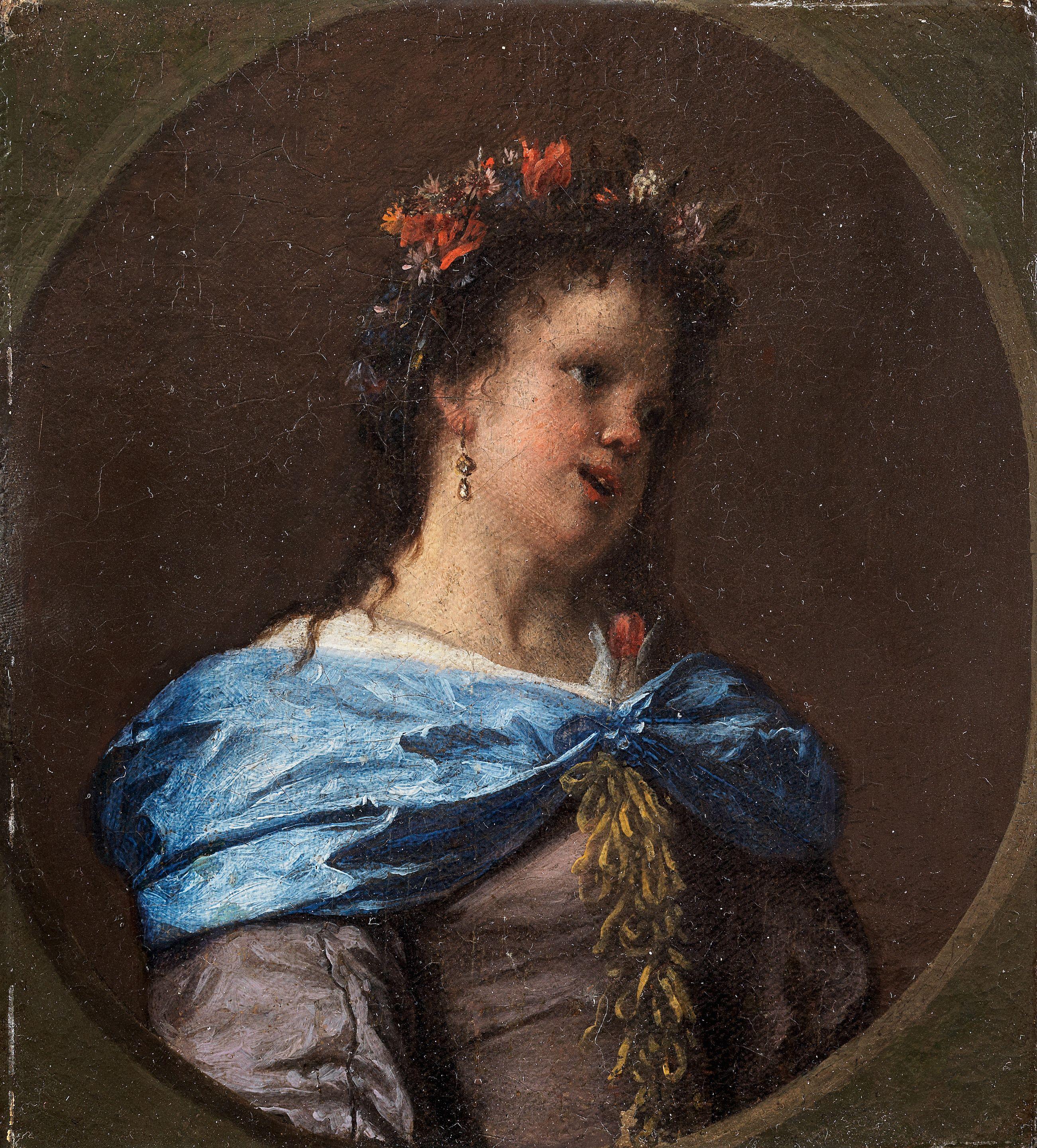 Jan Steen - Portrait Of A Girl, Half-Length, In A Mauve Dress, Blue Wrap And Flower Headdress, Within A Painted Oval