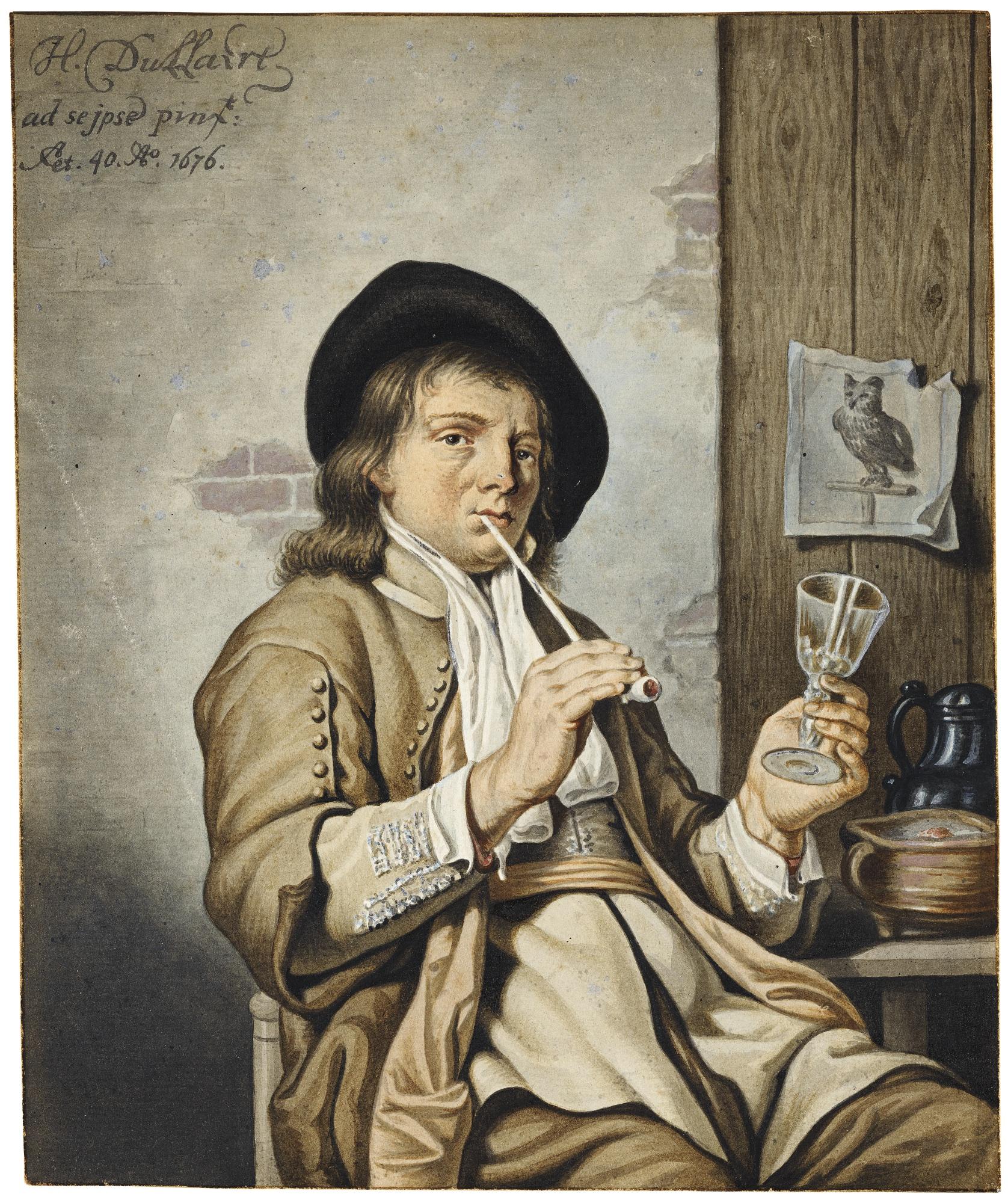 Jan Stolker - A Three-Quarter Length Portrait Of The Artist Heyman Dullaert, Seated, Smoking And Holding A Glass
