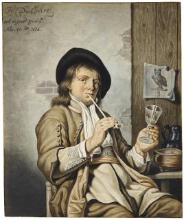 Jan Stolker - A Three-Quarter Length Portrait Of The Artist Heyman Dullaert, Seated, Smoking And Holding A Glass