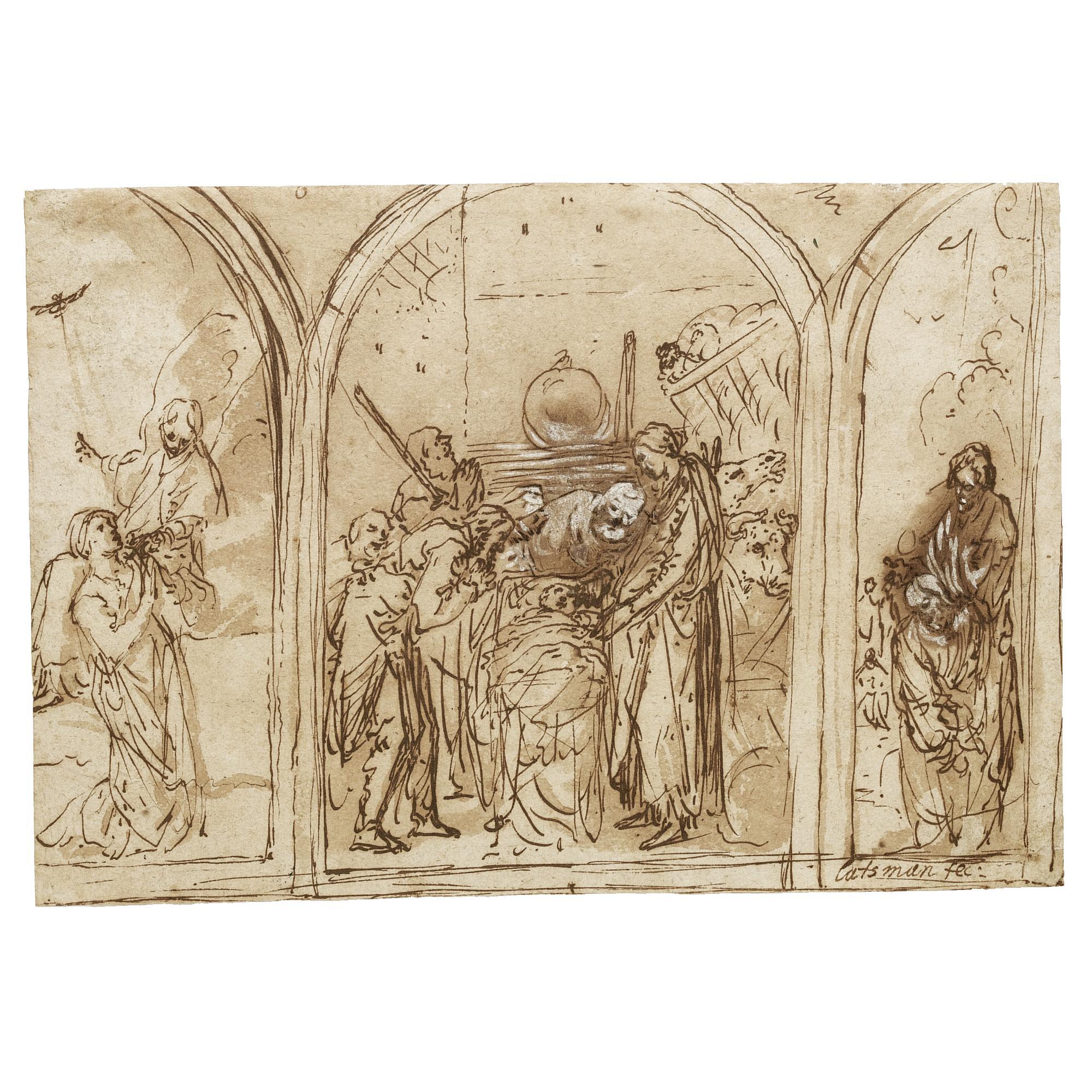 Jan Symonsz. Pynas - Study For An Altar With The Adoration Of The Shepherds, Flanked By The Annunciation And The Baptism Of Christ