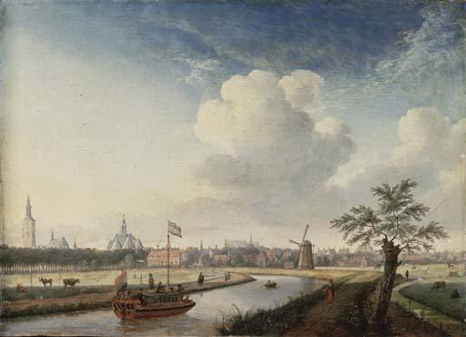 Jan ten Compe - A cappricio view of The Hague, with figures walking along a river and a barge
