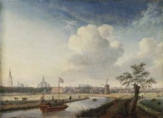 Jan ten Compe - A cappricio view of The Hague, with figures walking along a river and a barge