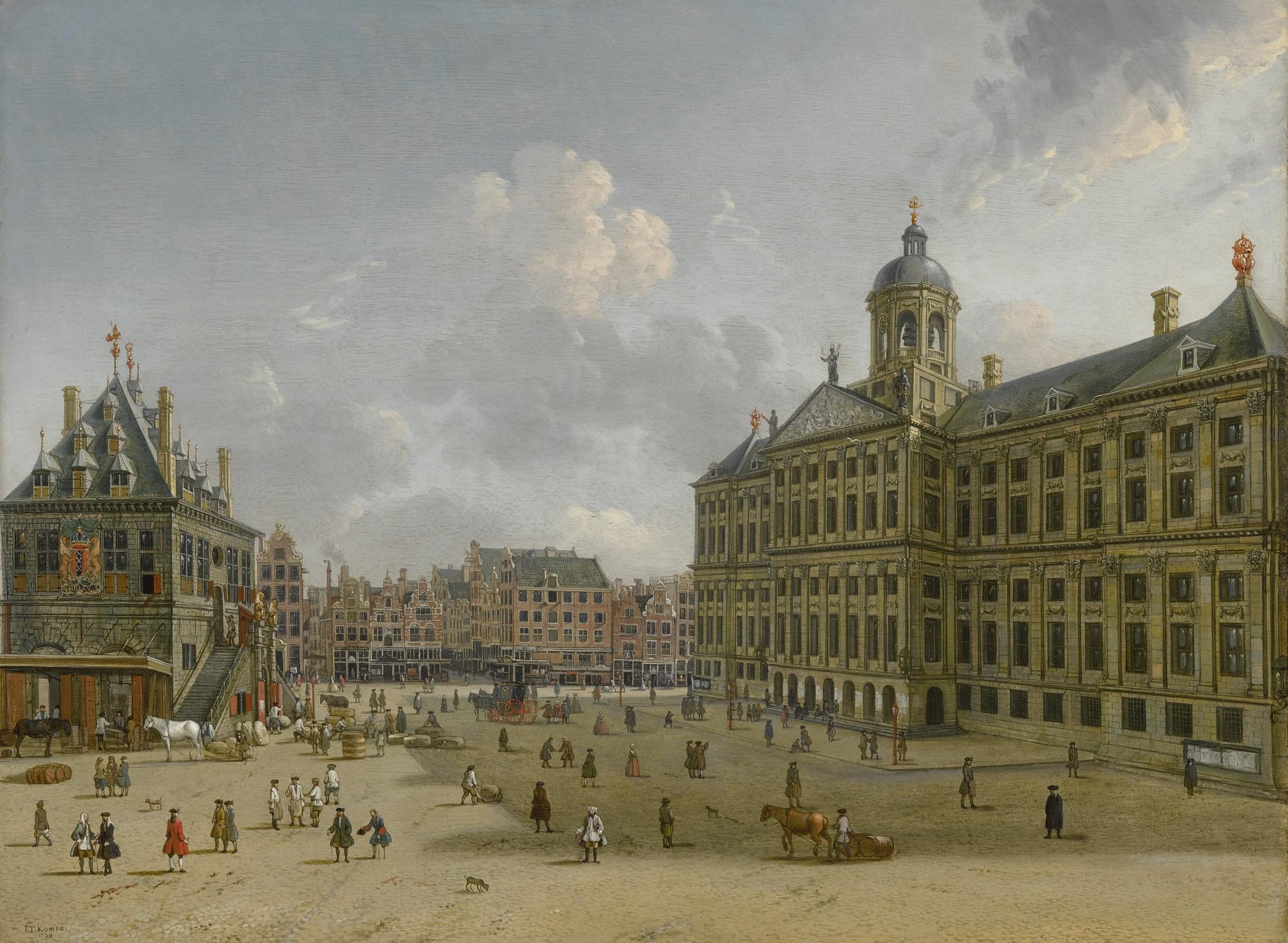 Jan Ten Compe - Amsterdam, A View Of Dam Square, Towards The Kalverstraat With The Town Hall To The Right, And The Waag To The Left