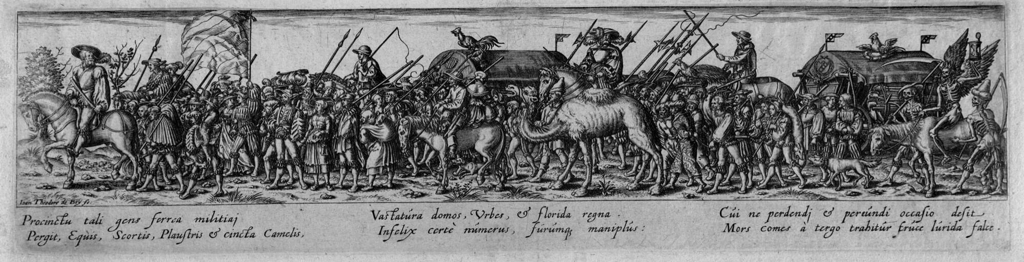 Jan Theodor de Bry - Soldatenzug mit Waffenwagen.