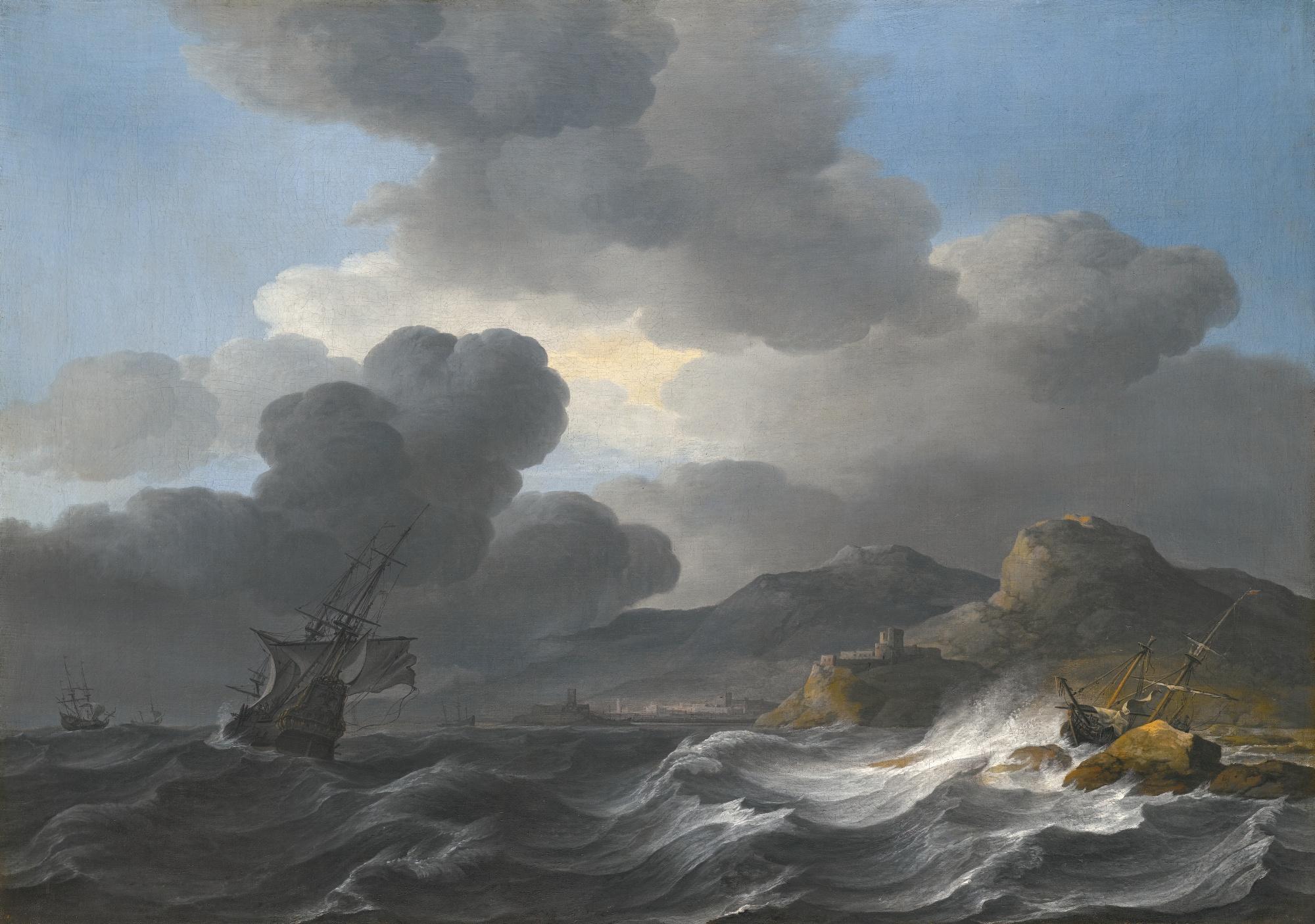 Jan Theunisz. Blankerhoff - A Coastal Landscape With A Threemaster Lowering Sails As A Storm Approaches, A Ship Wrecked On The Lee Shore Nearby