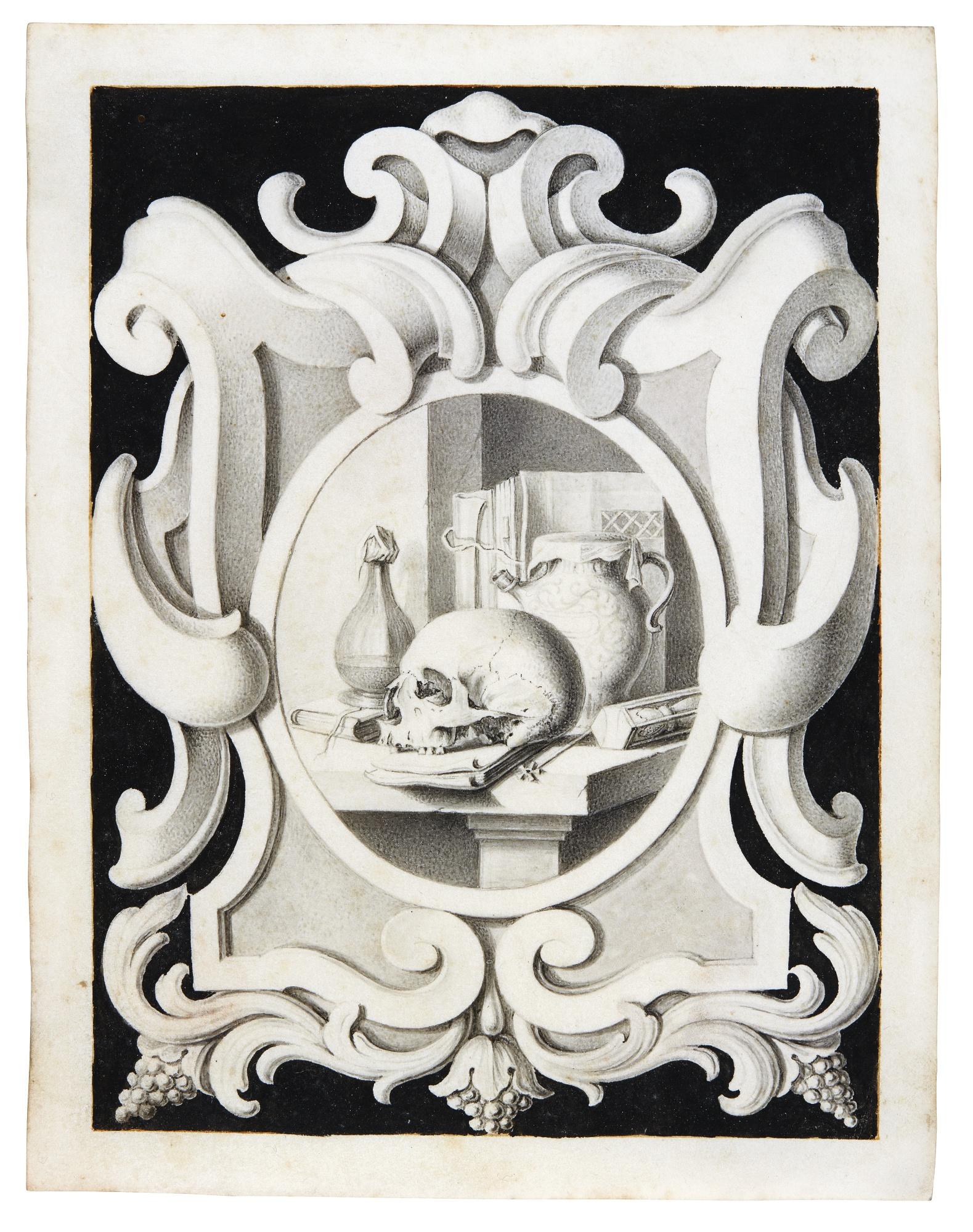 Jan Thopas - A Oval Vanitas Still Life, Within An Elaborate Drawn Frame