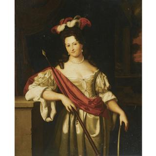Jan Tilius - Portrait Of Isabella De Savornin (1666-1728) As Minerva, Standing Three-Quarter Length, Wearing A White Satin Dress With A Red Sash And A Plumed Hat