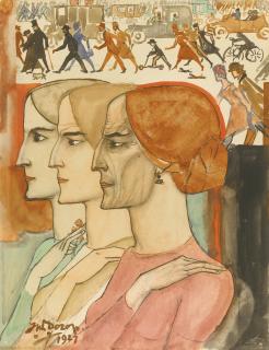 Jan Toorop - Three Women In Profile With A Streetscene In The Background