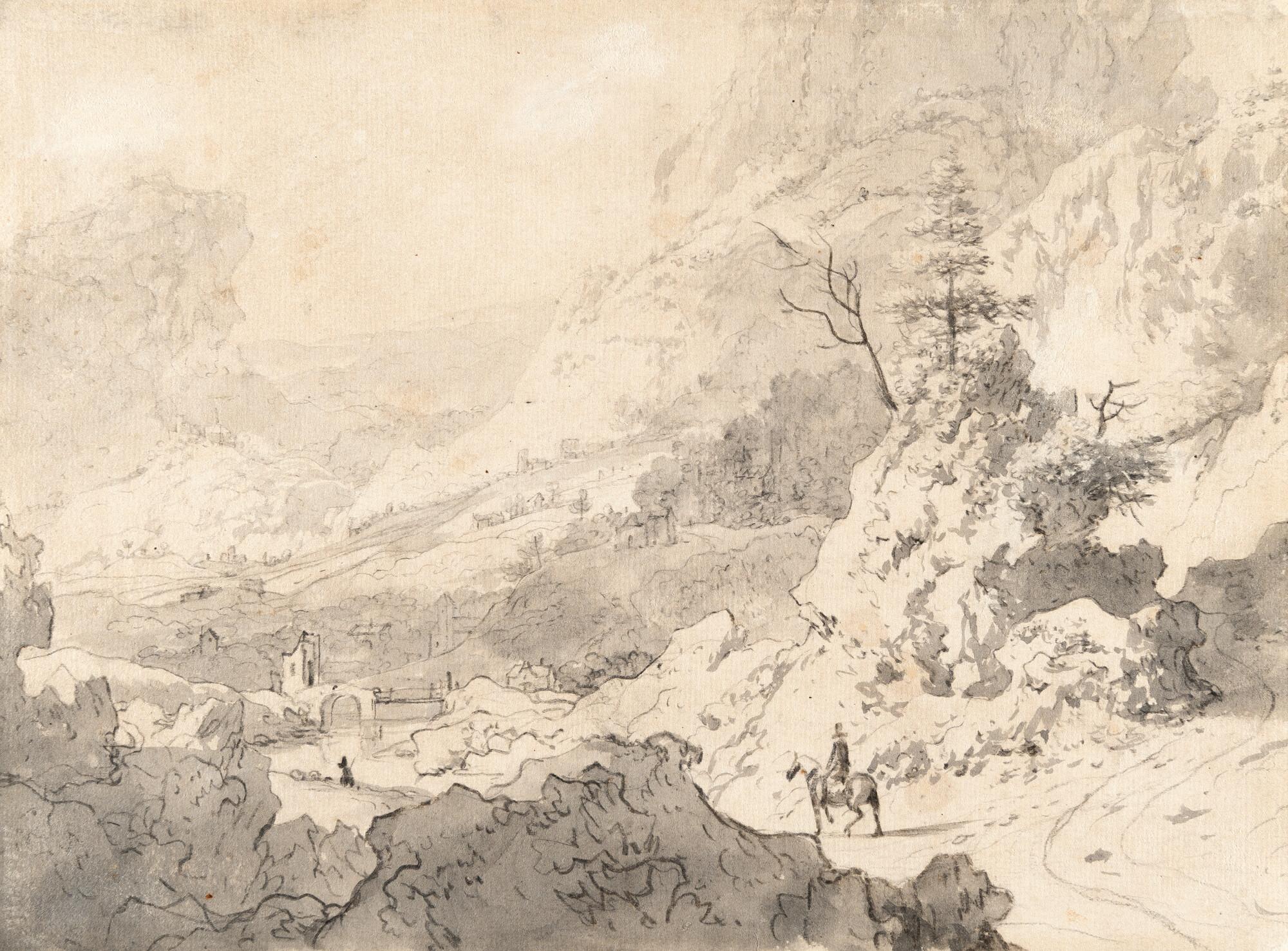 Jan van Aken - Reiter in bergiger Landschaft, im Hintergrund ein kleines Dorf