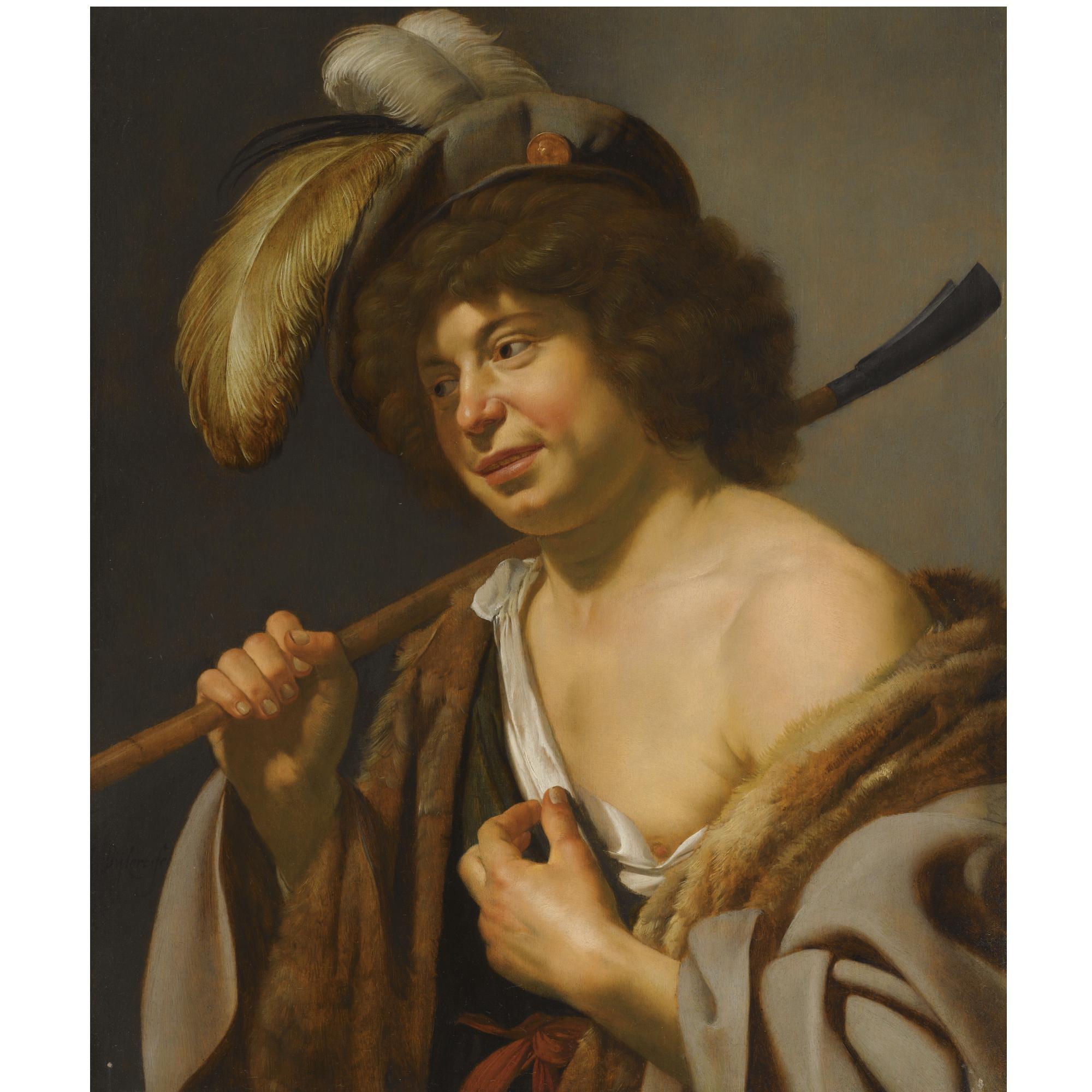 Jan van Bijlert - A Shepherd, Wearing A Plumed Hat, Holding A Staff In His Right Hand