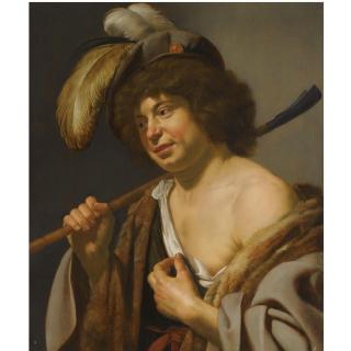 Jan van Bijlert - A Shepherd, Wearing A Plumed Hat, Holding A Staff In His Right Hand