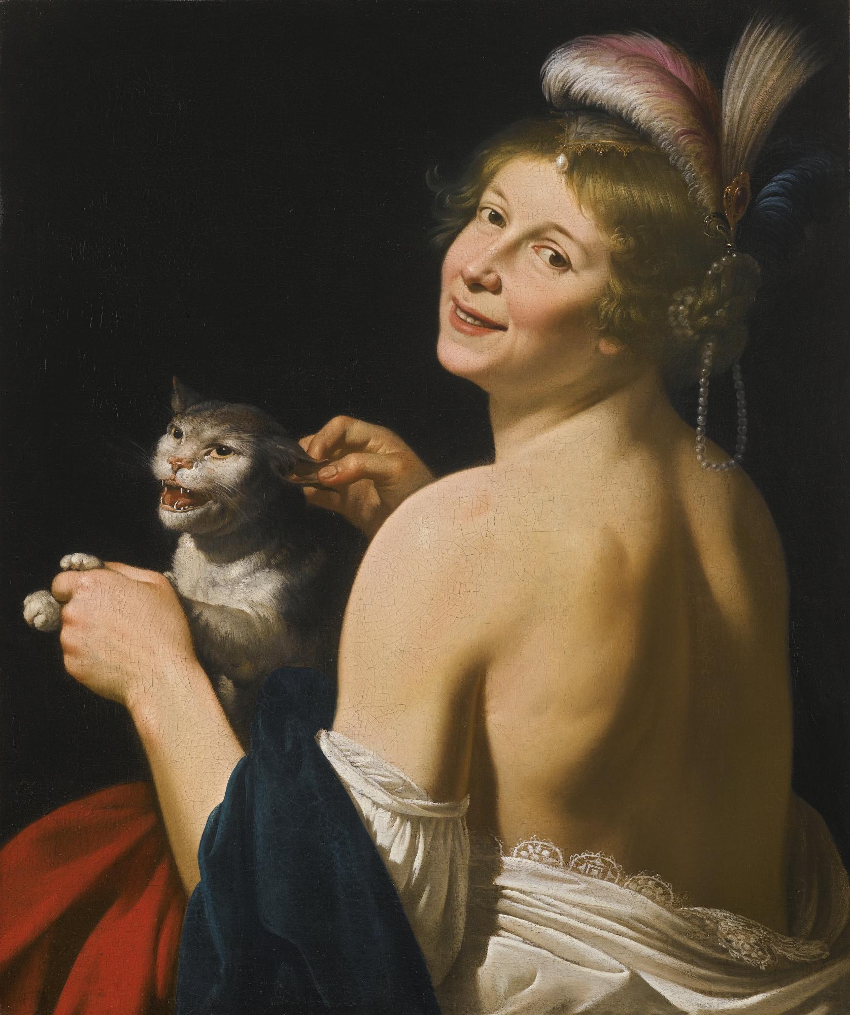 Jan Van Bijlert - A Young Woman Playing With A Cat