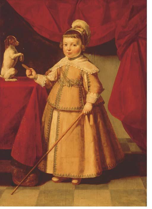 Jan van Bijlert - Portrait of a young boy, full-length, in an embroidered yellow dress and white lace collar and cuffs, a cane in his left hand, proferring a biscuit to a dog begging on a table, before a red curtain