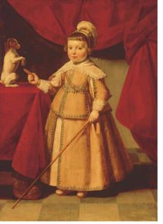 Jan van Bijlert - Portrait of a young boy, full-length, in an embroidered yellow dress and white lace collar and cuffs, a cane in his left hand, proferring a biscuit to a dog begging on a table, before a red curtain