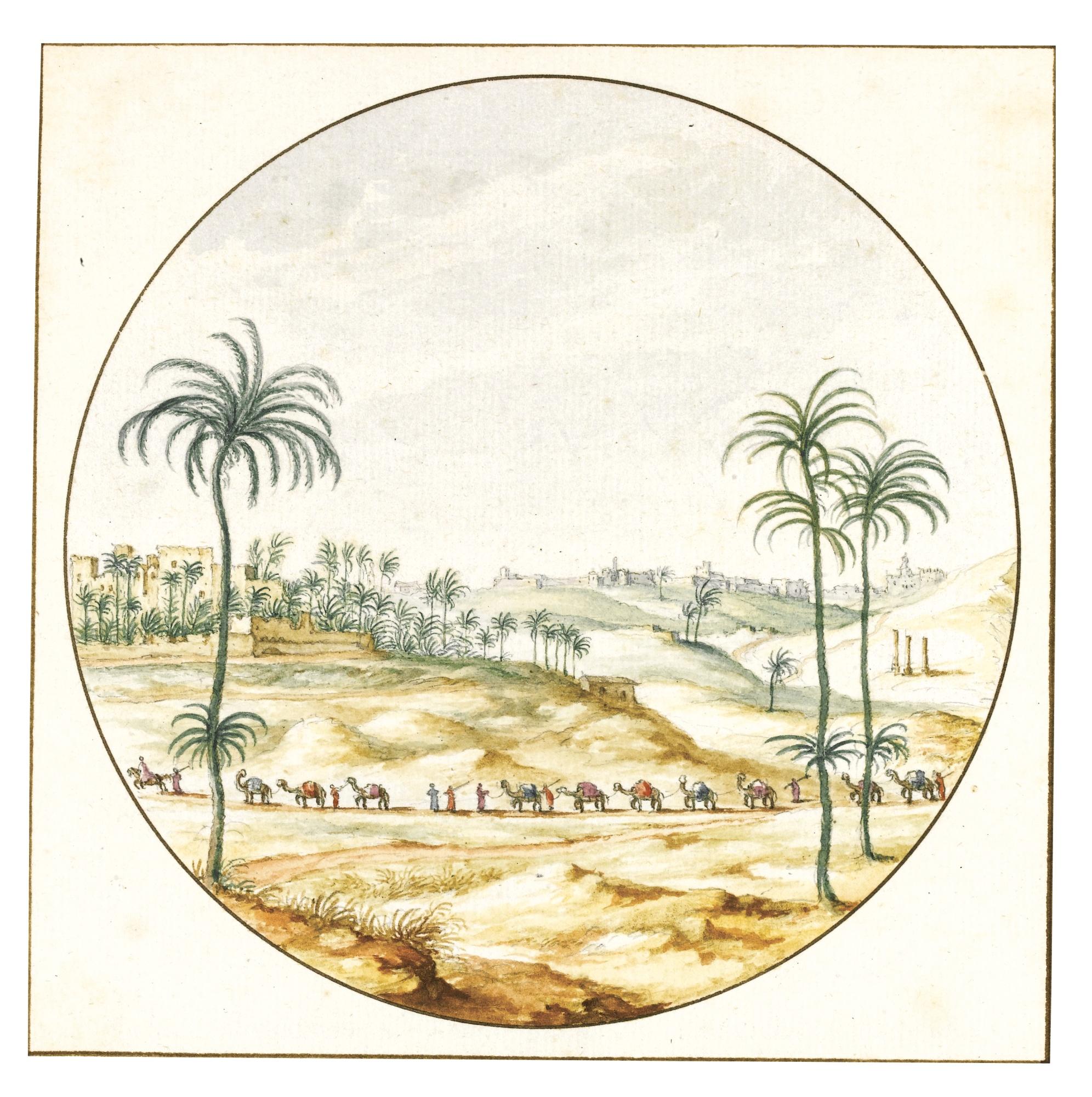 Jan Van Call The Elder - A Caravan With Camels Near A Fortified Town, Possibly Aleppo, In A Hilly Oriental Landscape With Palm Trees