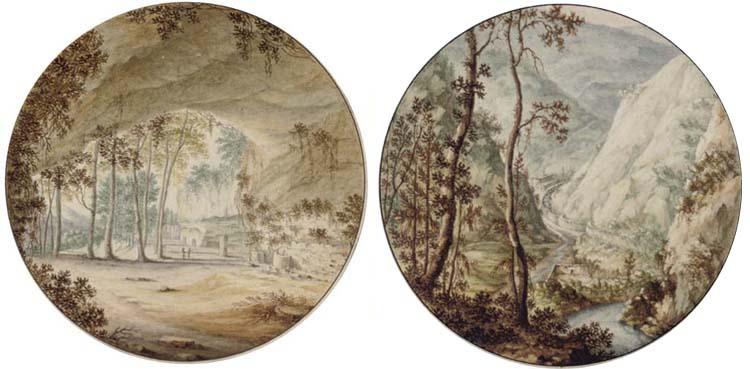 Jan van Call The Elder - A wooded landscape seen from a cavern; and A steep valley with a watermill