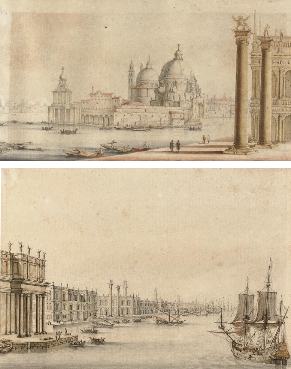 Jan Van Call The Elder - The Dogana and Santa Maria della Salute, Venice; and An imaginary view of the Bacino, with a Palladian version of the Doge\'s Palace
