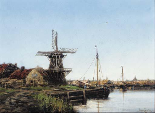 Jan Van Couver - A Barge moored by a windmill before a Dutch town