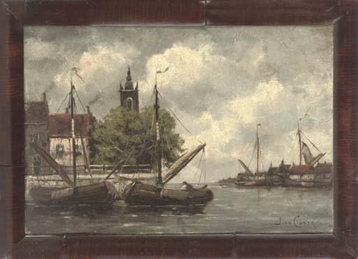 Jan van Couver - In the harbour, evening; A figure on a coastal track; A Dutch harbour; Windmills, a coastal town