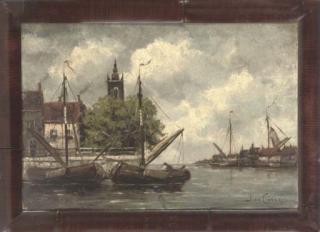Jan van Couver - In the harbour, evening; A figure on a coastal track; A Dutch harbour; Windmills, a coastal town