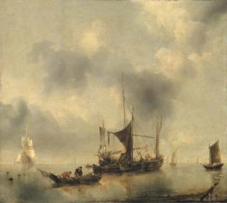 Jan van de Cappelle - A kaag and a smak in a calm, with fishermen pulling in their catch from a rowing-boat in the foreground, a Dutch frigate and other boats beyond