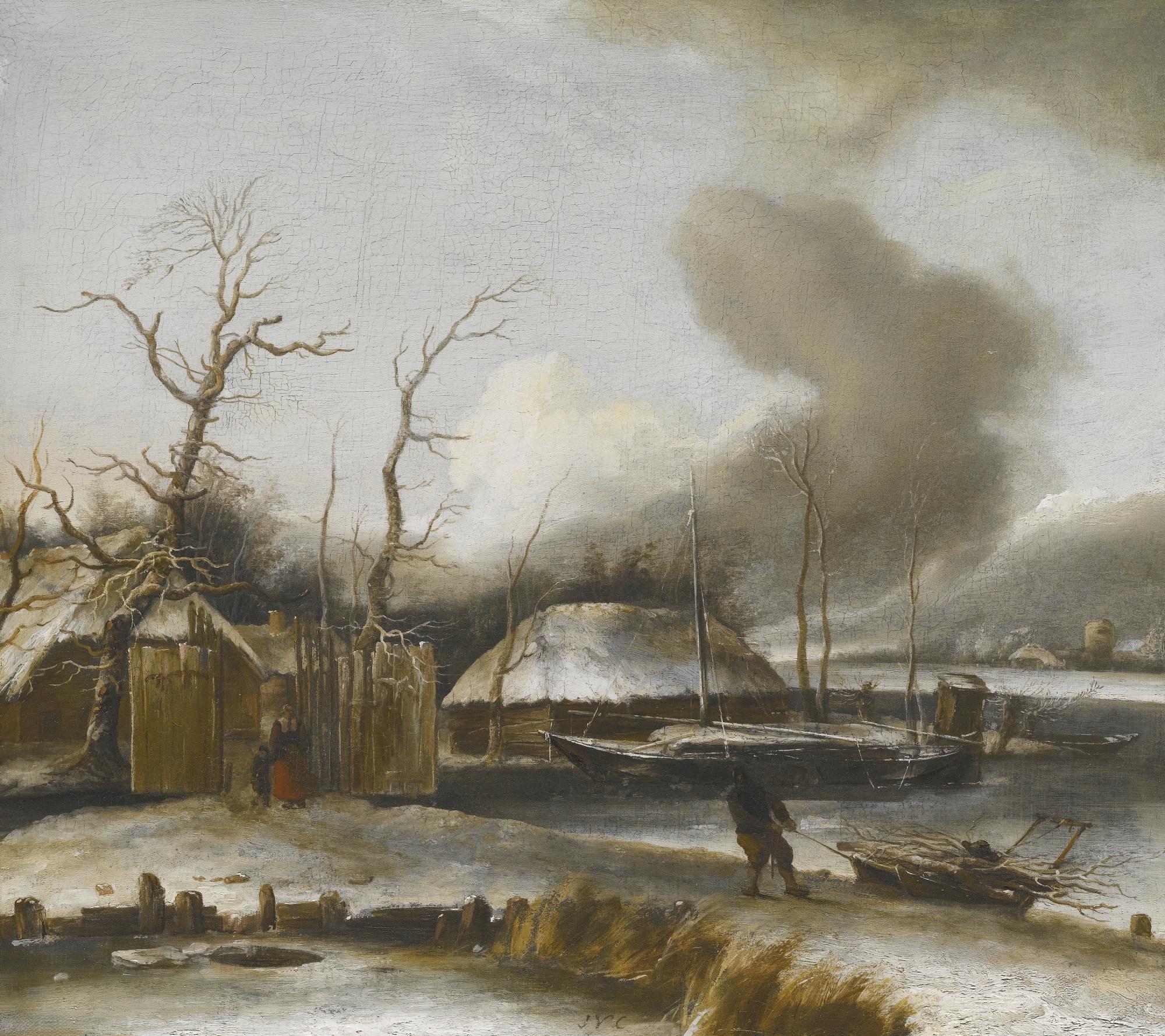 Jan Van De Cappelle - A Winter Landscape By A Frozen Pond, A Figure Dragging A Pile Of Driftwood And A Mother And Child By The Gate Of A House