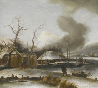Jan Van De Cappelle - A Winter Landscape By A Frozen Pond, A Figure Dragging A Pile Of Driftwood And A Mother And Child By The Gate Of A House