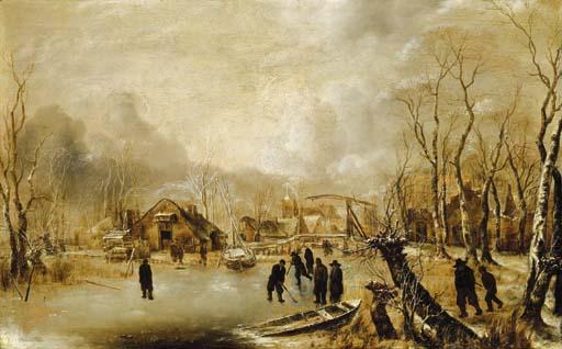 Jan Van De Cappelle - A winter landscape with skaters and kolf players on a frozen waterway by a village