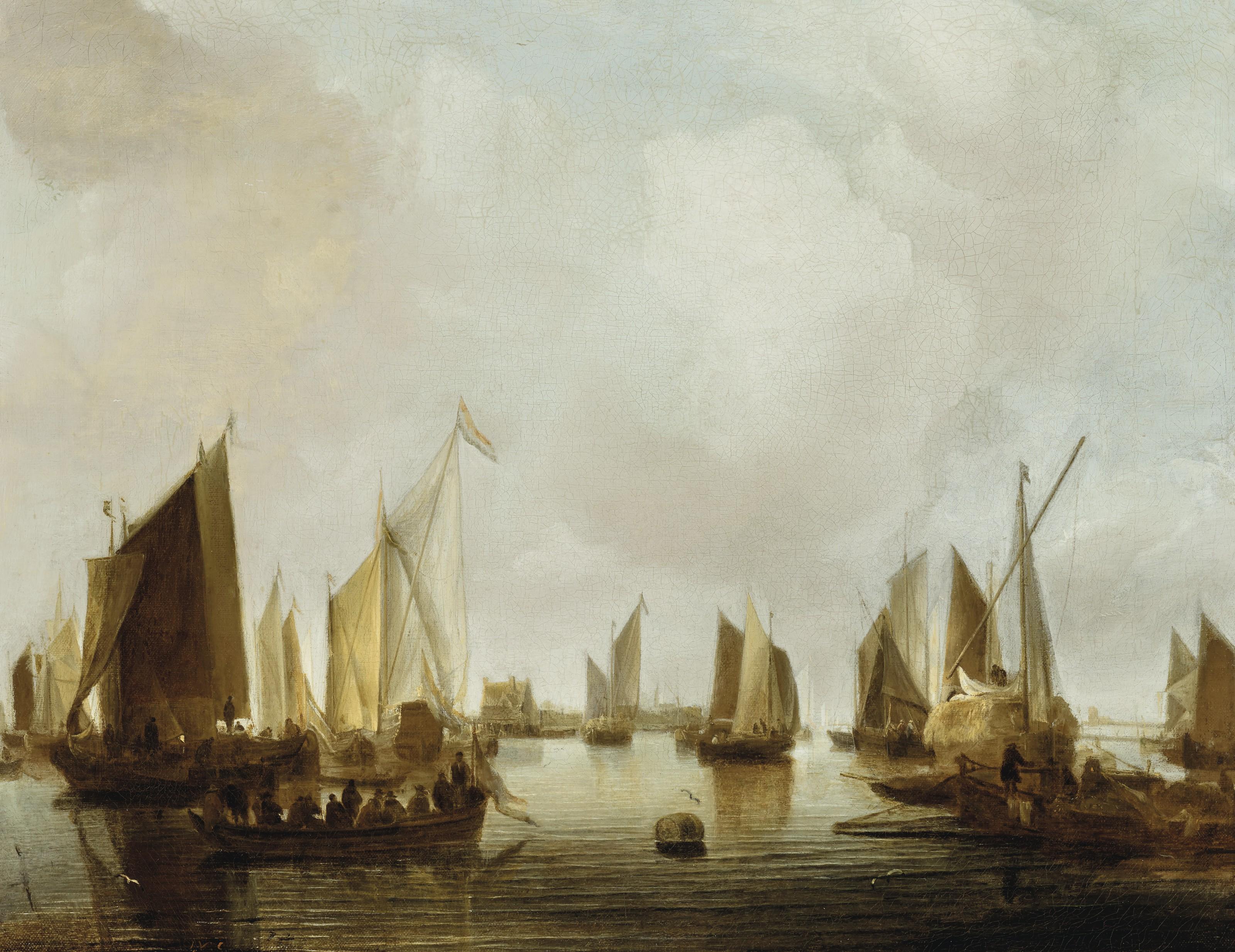Jan Van De Cappelle - A yacht and other vessels in a calm in Dordrecht harbor