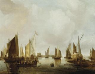 Jan Van De Cappelle - A yacht and other vessels in a calm in Dordrecht harbor