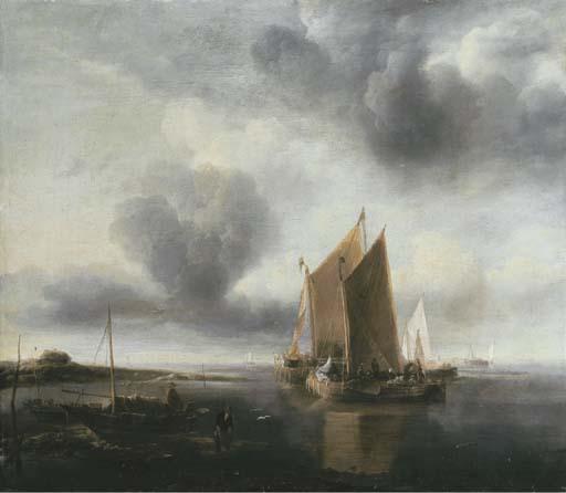 Jan Van De Cappelle - Two smalschips and other shipping off a sandbank in a calm